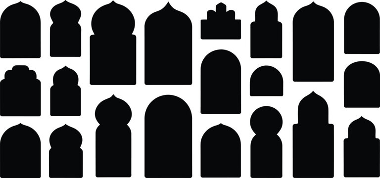 Collection of diverse islamic architectural silhouette elements black islamic architecture building elements facade elements middle eastern black and white design element set of icons