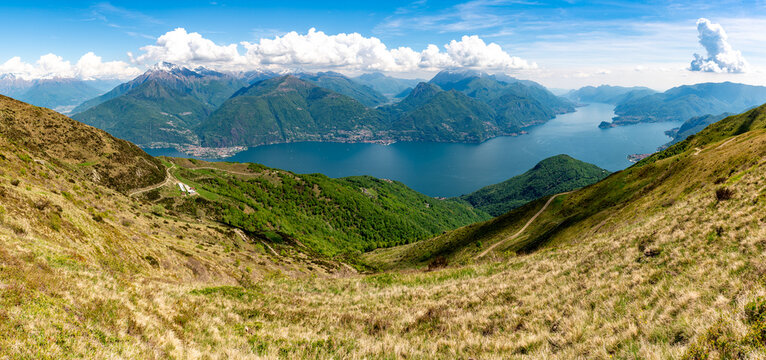A view of Lake Como, photographed in Plesio, with the panorama, villages, mountains, and the two branches of the lake.