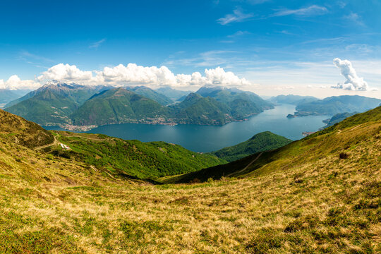 A view of Lake Como, photographed in Plesio, with the panorama, villages, mountains, and the two branches of the lake.