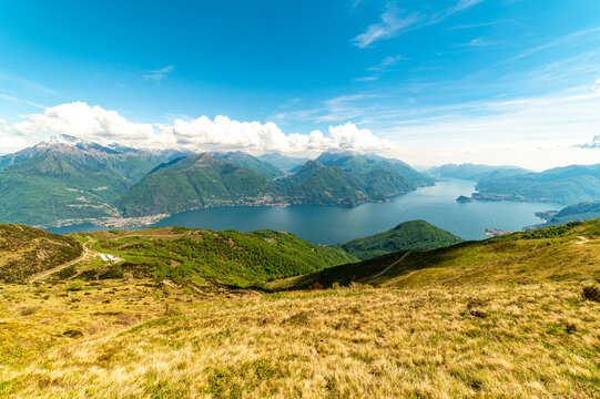 A view of Lake Como, photographed in Plesio, with the panorama, villages, mountains, and the two branches of the lake.