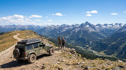 Two hikers stand on a rocky mountain peak, admiring a panoramic view of a vast mountain range. A green Jeep Wrangler sits atop the peak, equipped with a rooftop cargo rack.