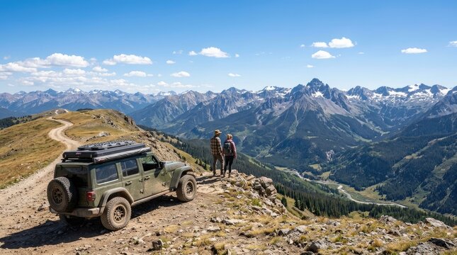 Two hikers stand on a rocky mountain peak, admiring a panoramic view of a vast mountain range. A green Jeep Wrangler sits atop the peak, equipped with a rooftop cargo rack.