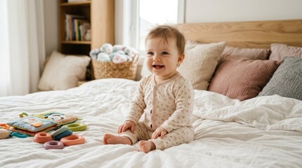 Fototapeta premium A smiling baby girl sits on a white bed, playing with a colorful baby toy book. She is wearing a pink and white patterned onesie.