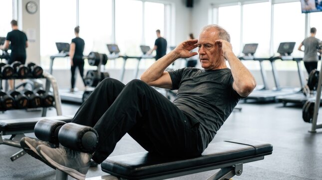 An elderly man performs a crunch exercise on a weight bench in a gym. He is focused and concentrating on his workout.