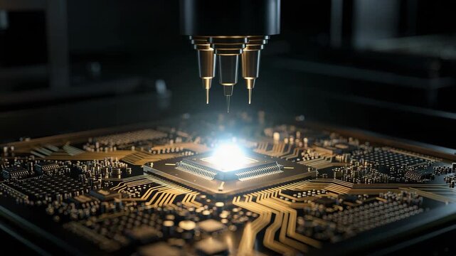 Futuristic high tech machine assembling glowing microchip on circuit board with precision electronics manufacturing