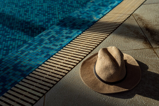 Straw hat on poolside stone deck with blue swimming pool water and sunlight shadows