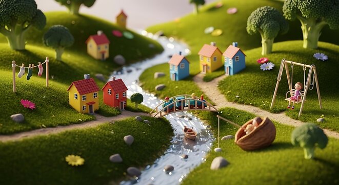 Whimsical miniature village landscape featuring colorful tiny houses broccoli trees a winding river and a playful swing set in a vibrant sunlit garden scene