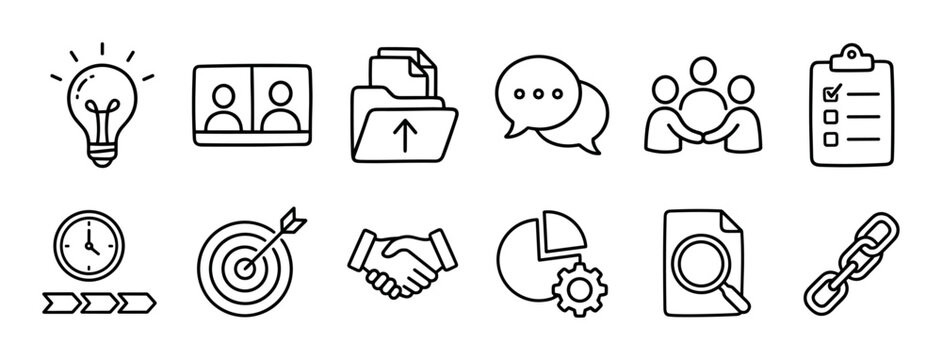 Hand drawn business and communication icons set including idea, video call, file upload, chat, teamwork, checklist, time line, target, handshake, pie chart, search document on transparent background