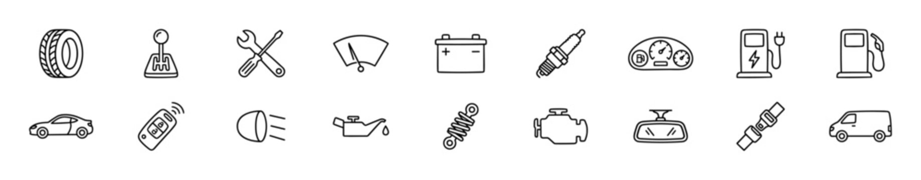 Set of black outline icons representing various car parts and automotive elements on white background on transparent background