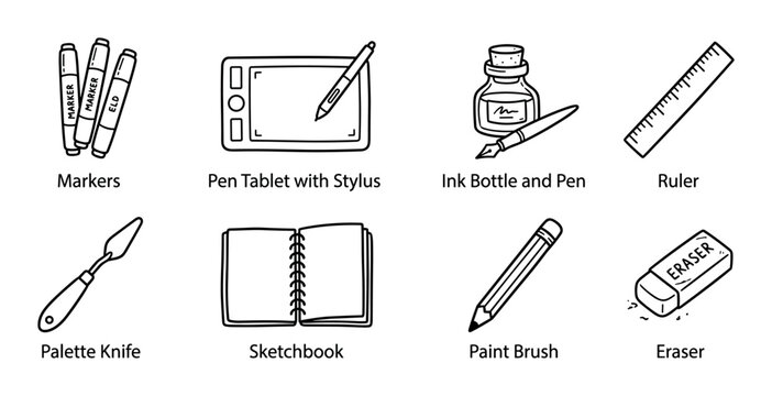 Hand-drawn set of essential art supplies including markers, pen tablet with stylus, ink bottle and pen, ruler, palette knife, sketchbook, paint brush, and eraser on transparent background