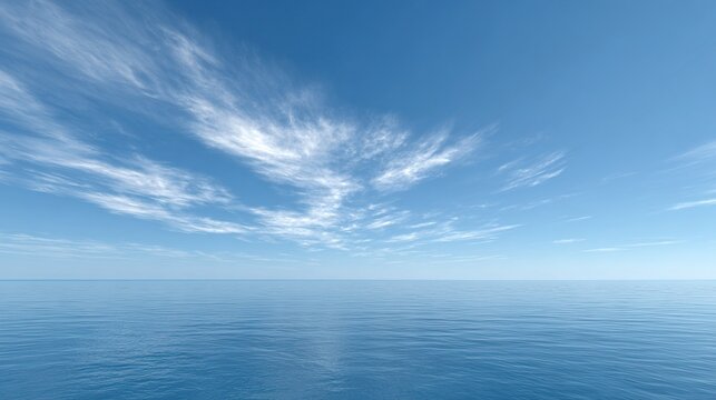 Transparent Blue Open Sea With Cirrus Clouds, Minimal Empty Niche Widescreen