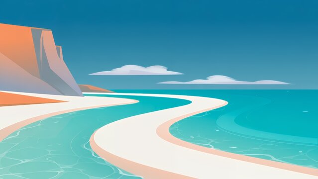 エメラルドグリーンの海と美しい曲線を描く白い砂浜の風景イラスト