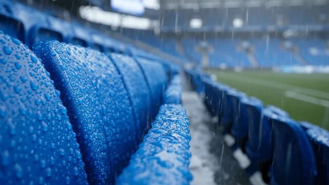 Blue stadium seats covered with rain drops close up