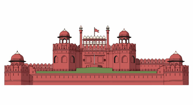 Stylized illustration of a grand red sandstone fortress with domes and battlements
