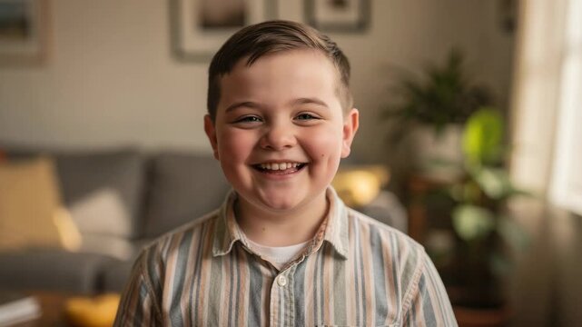Joyful boy with dimples laughing in cozy living room wearing striped shirt
