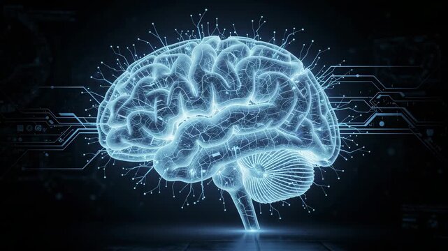 Glowing digital brain with neural activity and streaming data illustrating advanced artificial intelligence concept