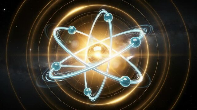 Glowing atom with orbiting electrons radiating energy against a cosmic space background animation