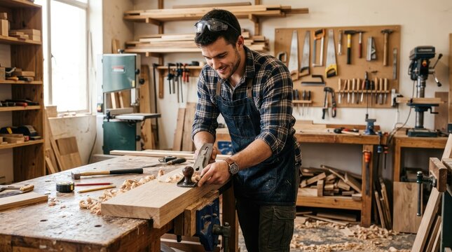 A smiling man is carefully planing a piece of wood at a workbench in a well-equipped woodworking shop. He wears a plaid shirt and safety glasses, and is focused on his craft.