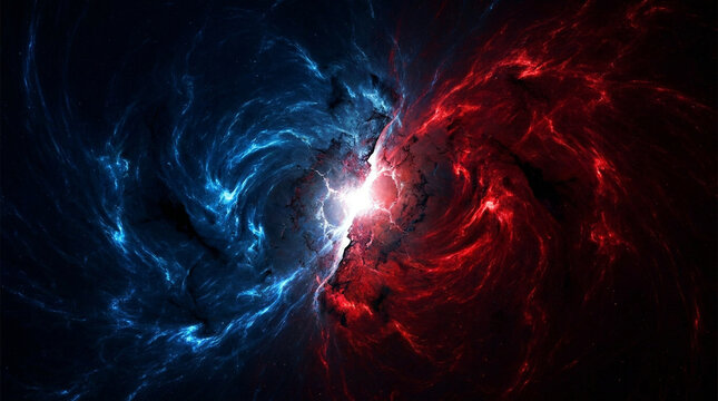 Dramatic cosmic background showing a clash of swirling blue and red energy nebulae with a bright glowing center rift.
