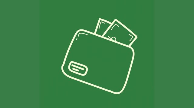 A green background with white line drawing of wallet and outline green screen animated chromakey background motion cartoonish elements depth frame scene figure design illustration composition