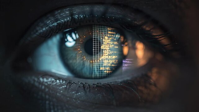 Futuristic human eye with glowing digital code and data grids reflecting cyber technology concept