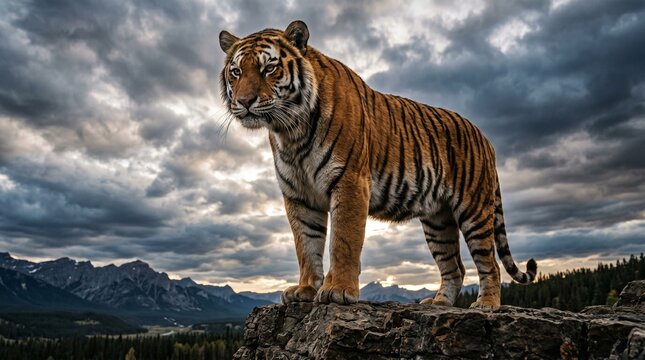 Tiger standing on rocky outcrop with mountains and cloudy sky