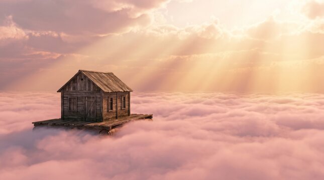 Lonely Floating House Above Endless Pink Clouds