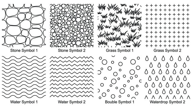 Landscape Architecture CAD Vector Hatch Pattern Set. Grass, Water, Stone, Wall & Texture Details