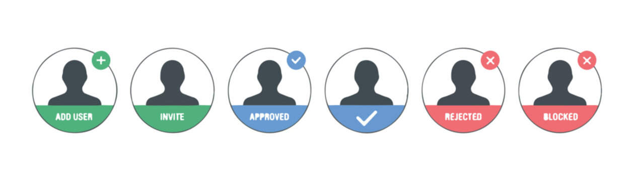 Detailed user management icon set showing status markers for user accounts with clear text labels.