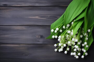 Fototapeta premium Delicate white lily of the valley flowers resting on a rustic dark wooden surface