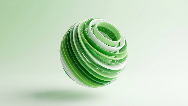 Abstract 3D sphere made of layered green and white curved slices, floating on a smooth gradient background, modern minimal design, soft shadows, glossy finish, futuristic aesthetic, ultra clean compos
