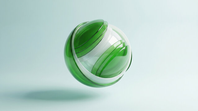 Abstract 3D sphere made of layered green and white curved slices, floating on a smooth gradient background, modern minimal design, soft shadows, glossy finish, futuristic aesthetic, ultra clean compos