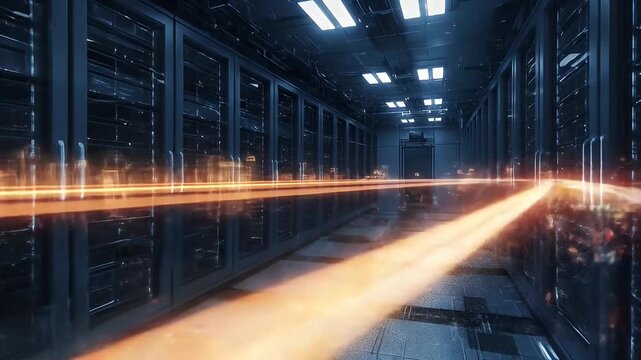 Futuristic corridor with parallel server racks and flowing energy lines on floor