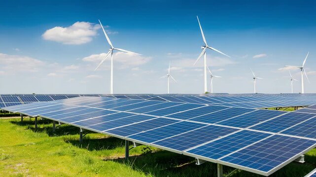 Vast solar farm with glistening panels and wind turbines under bright blue sky for renewable energy