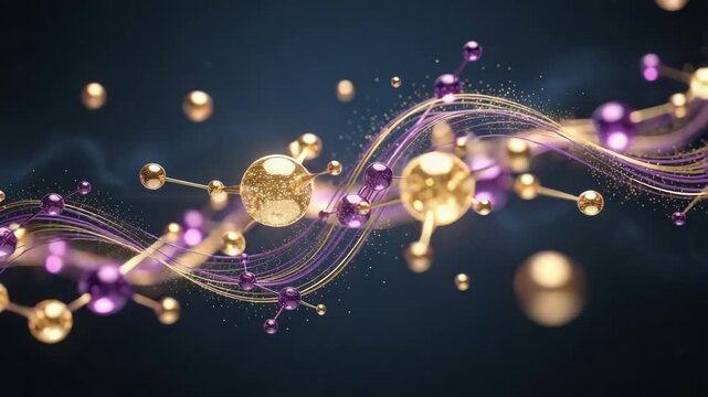 Glowing gold and purple molecules dancing and connecting in smooth flowing wave motion animation