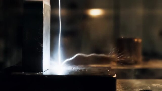 Electric arc connecting two metal electrodes, generating a visually striking blue lightning discharge and illustrating raw power, advanced research, and scientific phenomena in a laboratory setting