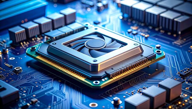 Generic GPU Processor With Cooling Fan on Blue Circuit Board