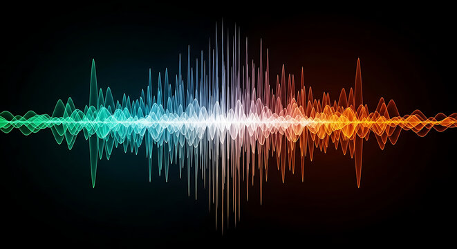 Abstract image of a colorful sound wave against a dark background with symmetrical patterns