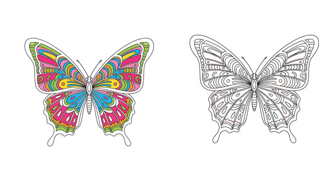 Intricate Butterfly Mandala Coloring Page for Adults and Kids, Ornate Butterfly Vector Illustration with Colored Version and Black and White Line Art for Creative Hobby and Relaxation