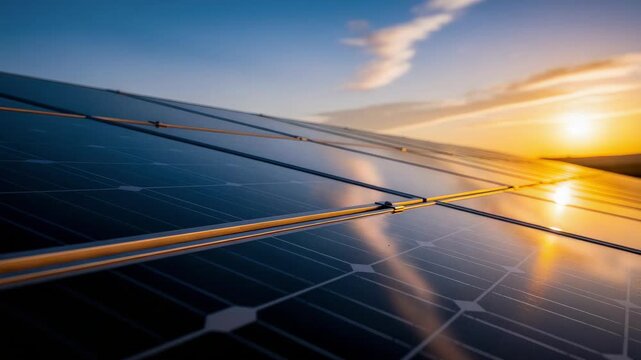 Solar panels shining at sunset capturing sunlight for clean renewable energy production