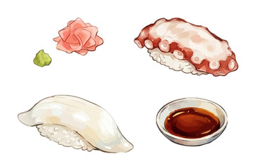 Fototapeta premium Glossy and appetizing watercolor sushi illustration for luxury Japanese dining ／ シズル感のあるお寿司のイラスト