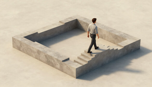 Businessman Walking on Impossible Concrete Stairs
