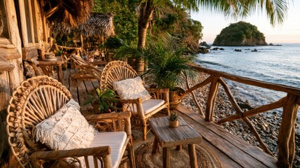 Fototapeta premium Rustic wooden balcony with rattan chairs overlooking a serene tropical beach at sunset