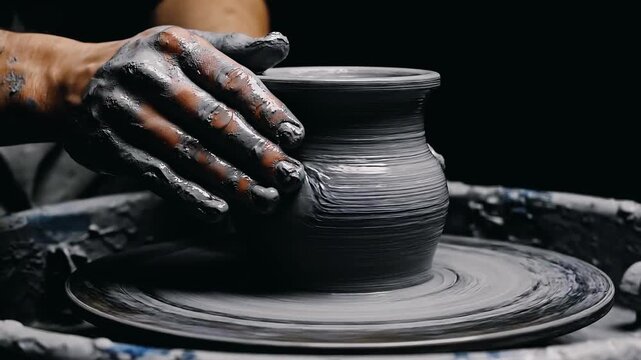 A person's hands covered in clay, expertly shaping a ceramic pot on a spinning pottery wheel in a dimly lit studio.