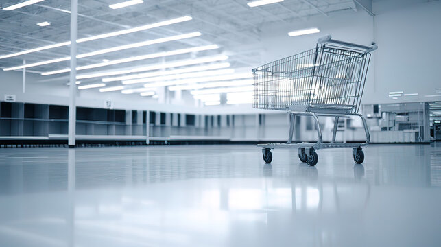 aisle. An empty metal shopping cart placed diagonally on a clean supermarket floor under even fluorescent lighting. lifestyle magazines.
