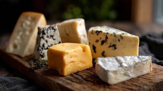 Assorted gourmet cheeses on a wooden board