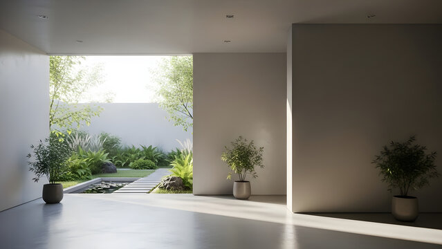 Dise&ntilde;o de interiores de lujo minimalista con planta arquitect&oacute;nica y vista al patio, espacio sereno con luz natural