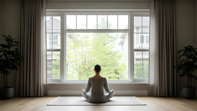 Mujer practicando meditaci&oacute;n yoga en un santuario hogare&ntilde;o minimalista, concepto de mindfulness y salud mental