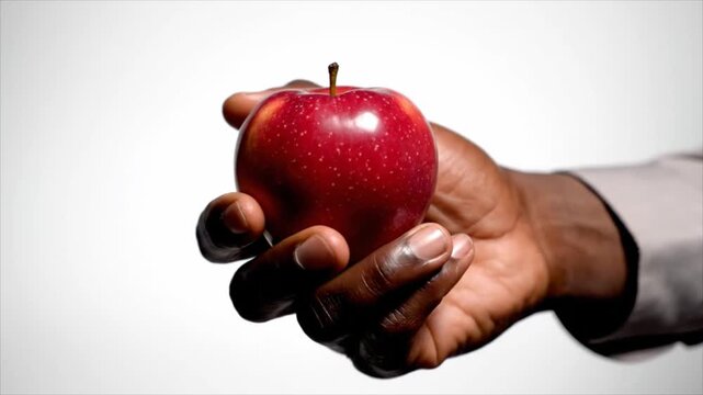 A hand holds a ripe red apple against a plain background