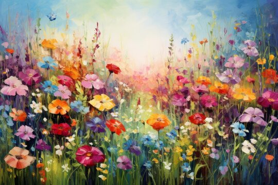 Colorful wildflowers blooming in a bright, impressionistic field with a soft light source